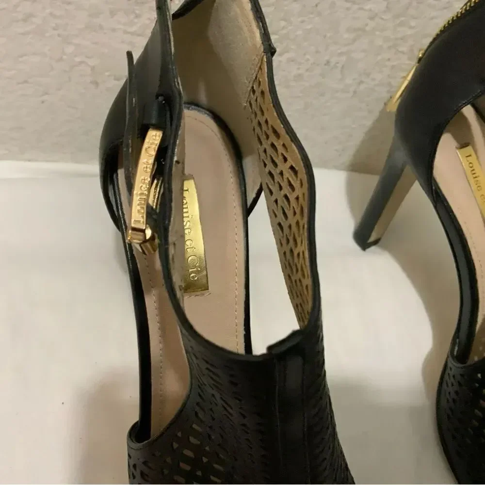 Louise et Cie Women's Black Heels Size 8 Leather Olivia Cut Out Open Toe Peep